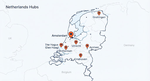 Hollanda haritası, Amsterdam ve başlıca iş merkezleri işaretli